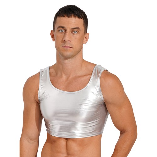 Men's Top Shiny Glossy Metallic Long Sleeve/Sleeveless T-shirt Party Club-wear - Picture 136 of 148