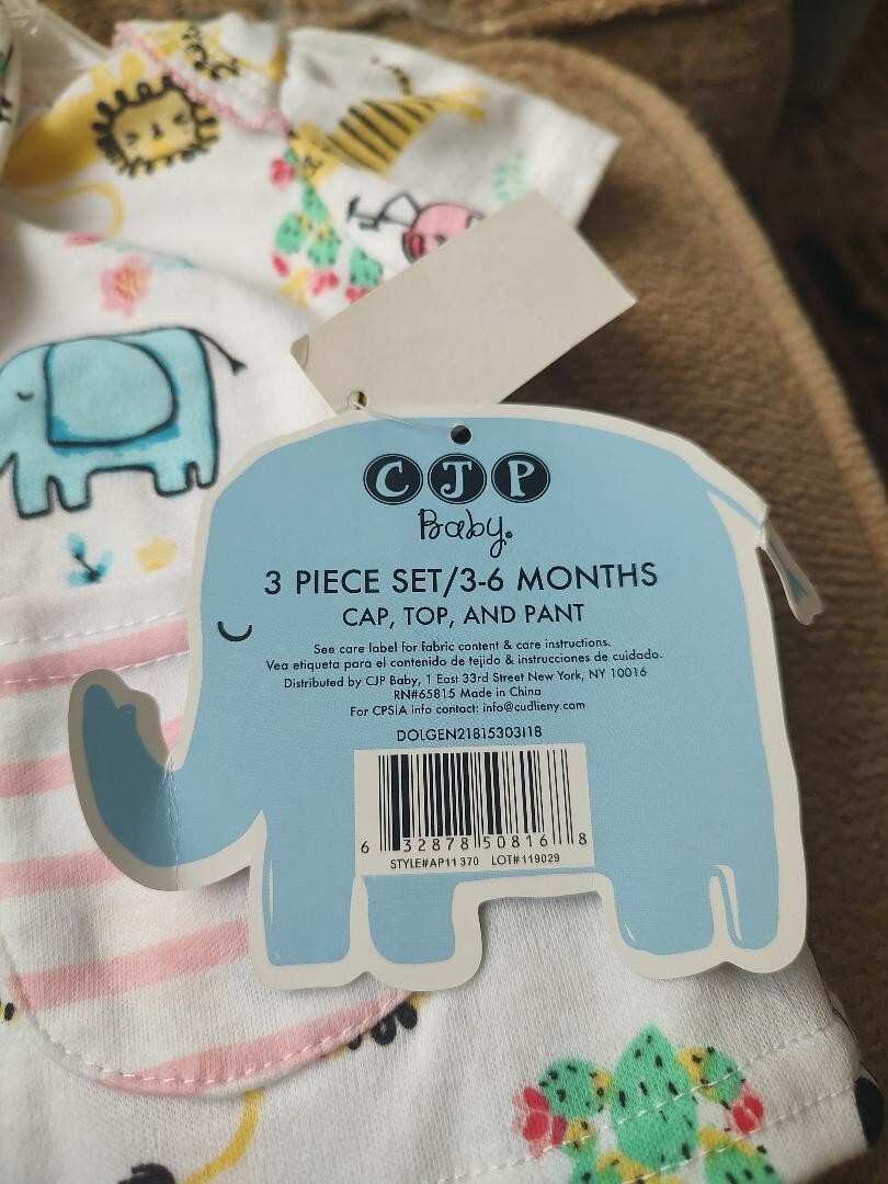 C J P Baby 3-Piece Set: Top, Pants, And Cap For Girls. 3-6 Months