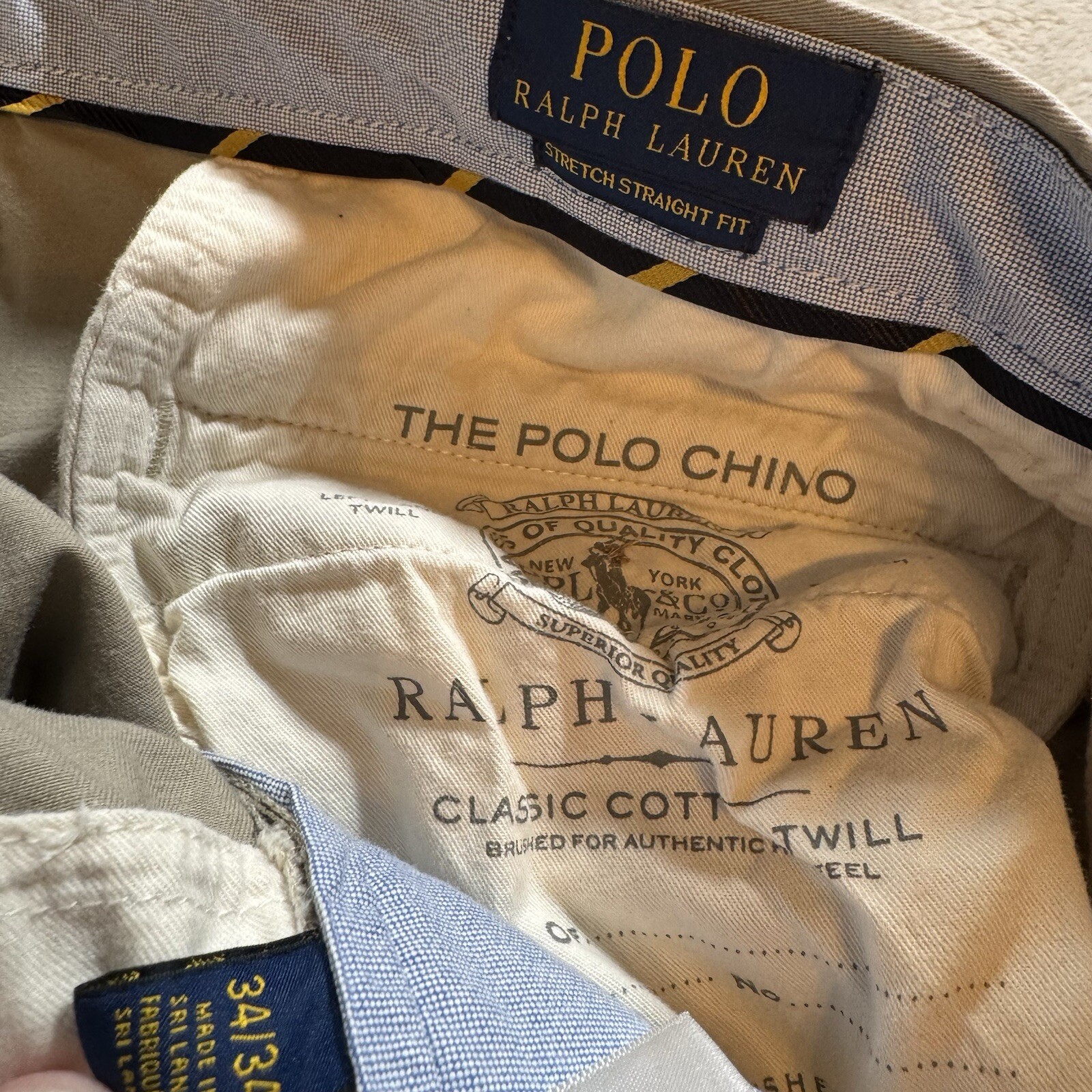 Polo Ralph Lauren Khaki Pants 34 X 34 Classic Chino Preppy Slim Fit Dress Cotton