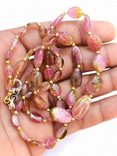 Natural Tourmaline Oval Smooth Beads 138 Carat 925 Silver 22" String Necklaces - Picture 3 of 7