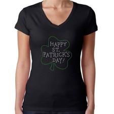 Womens T-Shirt Rhinestone Bling Black Fitted Tee Happy St Patricks Day Shamrock