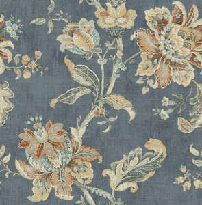 Wallpaper-Classic-Tapsetry-Jacobean-Multi-Color-Floral-Vine-on-Washd-Dark-Denim