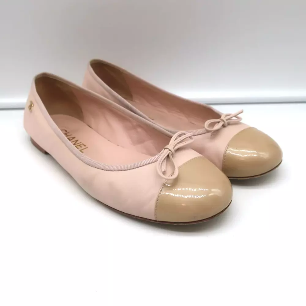 Chanel Coco Jazz Cap Toe Ballet Flats Light Pink Leather & Beige Patent  Size 37