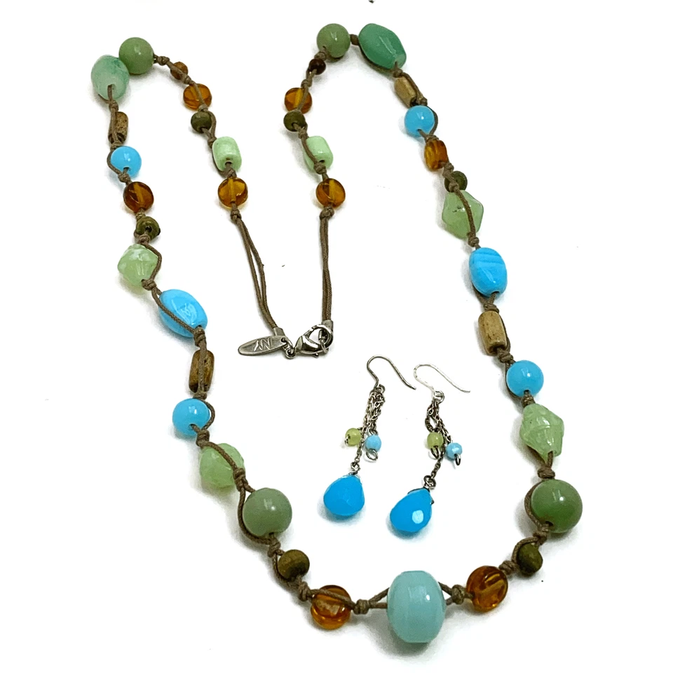Colar Boho Brincos Pendurados Azul Aqua Contas de Vidro Verde Cordão Atado NY & Co - Imagem 2 de 4