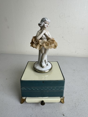 VINTAGE 1950’S MUSICAL BOX CERAMIC DANCING BALLERINA POWDER COMPACT Danube Blue - Picture 8 of 11