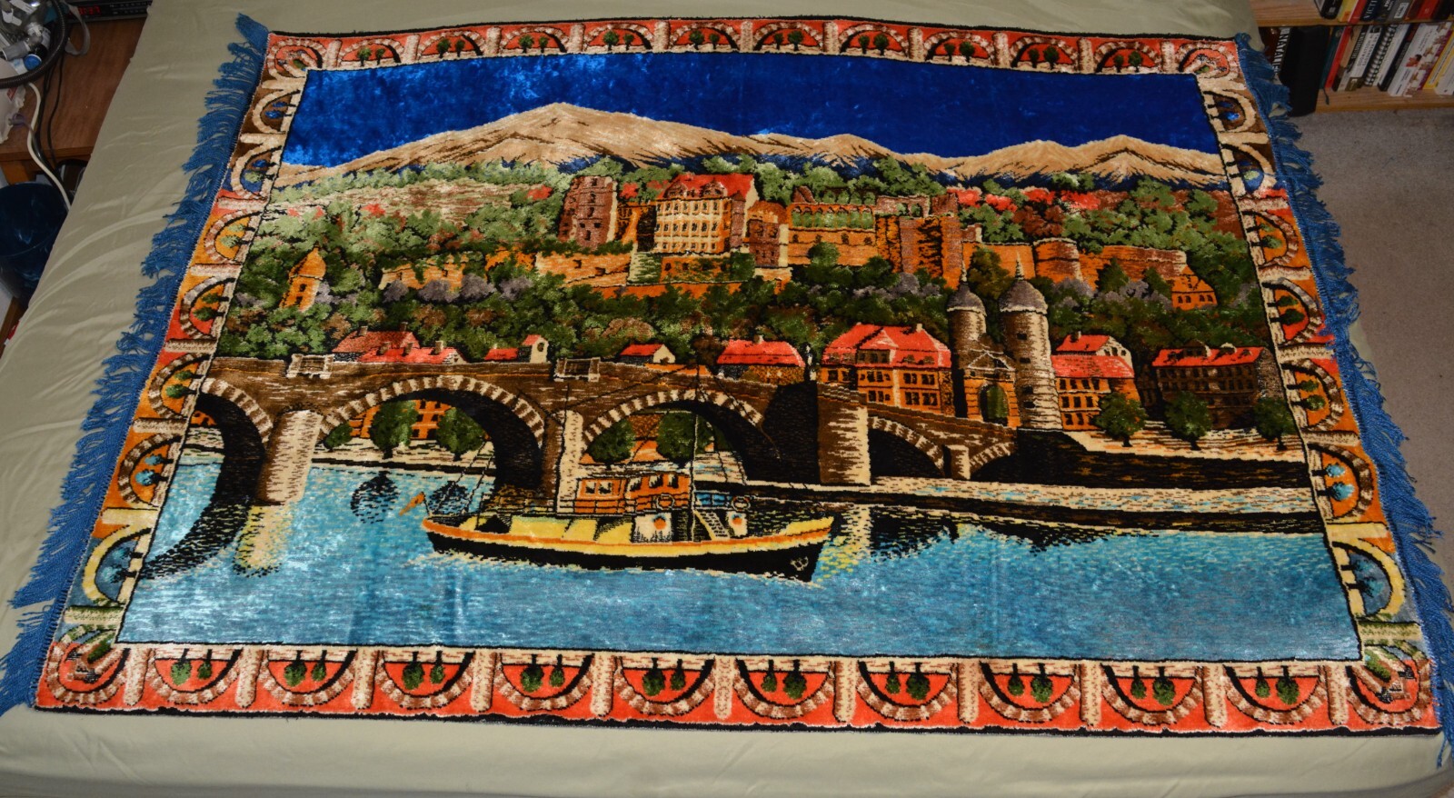 VTG Crushed Velvet Tapestry Rug Nautical Mountains River 47x63