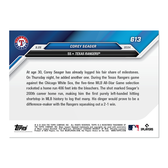 2024 MLB Topps NOW 613 COREY SEAGER 2OO HRS TEXAS RANGERS PRESALE