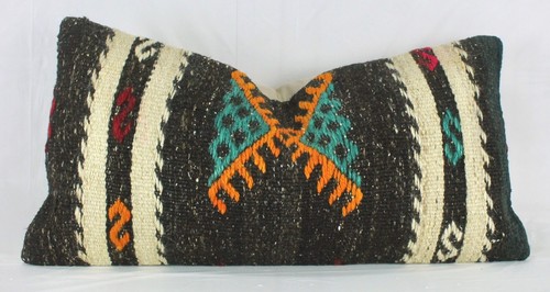 Brown Decorative Turkish Kilim Lumbar Pillow Cover 12x24 Blue Red Kilim Cushion - Picture 2 of 9