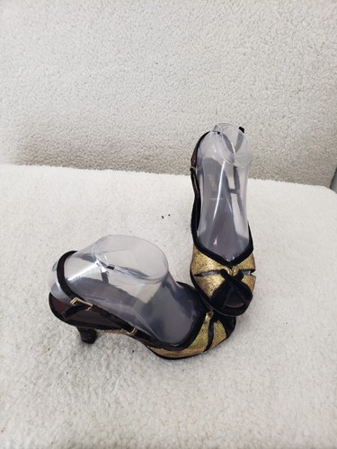 Fendi Women Sandals 37 Gold Glitter Open Toe Ankle Platform Heel Shoes US6 - Picture 11 of 19