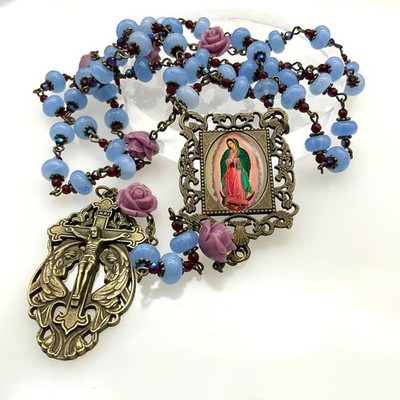 Rosary Our Lady of Guadalupe Blue Angelite | Purple Roses | Bronze Crucifix