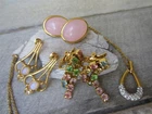 Vintage TRIFARI Rhinestone Faux Opal Pink Lucite Earrings & Pendant Necklace LOT