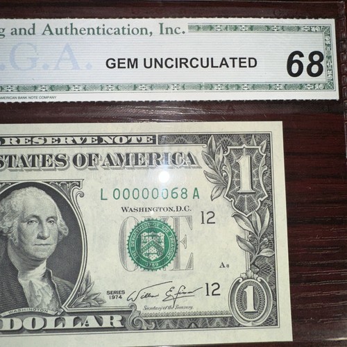 Two 1974 $1 Gem 68 With 00000068 Matching Serials Fancy Very Rare Free Shipping - Picture 3 of 6