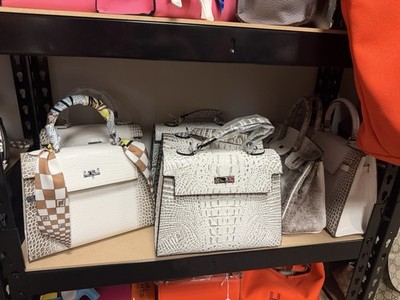 White Crocodile Embossed Animal Print Satchel Top Handle Turn Lock Silver