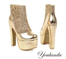 Sequins Women's Platform Splicing Ankle Boots 14cm Chunky Heels Oversize Shoes
