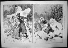 Old Antique Print A Warm Embrace Melting Moments Man Woman Snowman 1892 19th