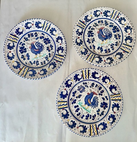 3er Set Vintage Italienisch 🇮🇹 PV Platten - Handbemalter Hahn 🐓Deruta Stil 10"