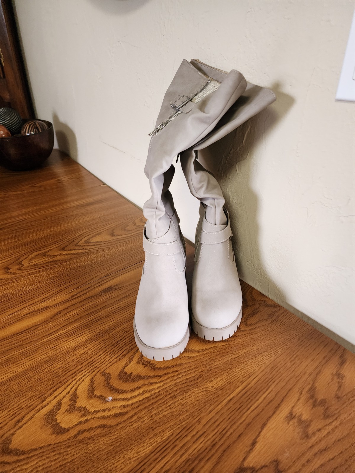 Gray Faux Suede Mid-Calf Slouch Boots with Buckle Zipper Block Heel Round Toe