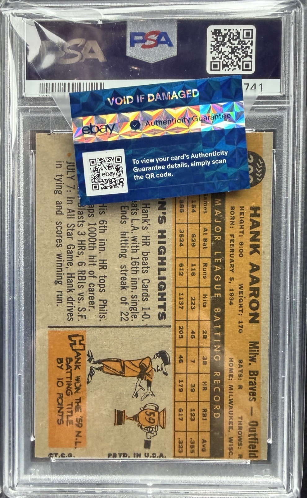 1960 Topps Hank Aaron #300 PSA 7 NM Braves - Card Crisp Corners Great Eye Appeal view 2