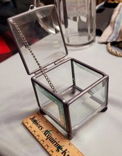 Bevel Glass Trinket Box 2 3/4 SQ. Clear Glass With Hinged Lid And Chain. Footed