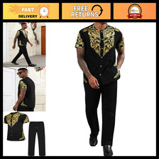 Men's African 2-Piece Dashiki Suit Set - Metallic Short Sleeve Shirt & Pants Out