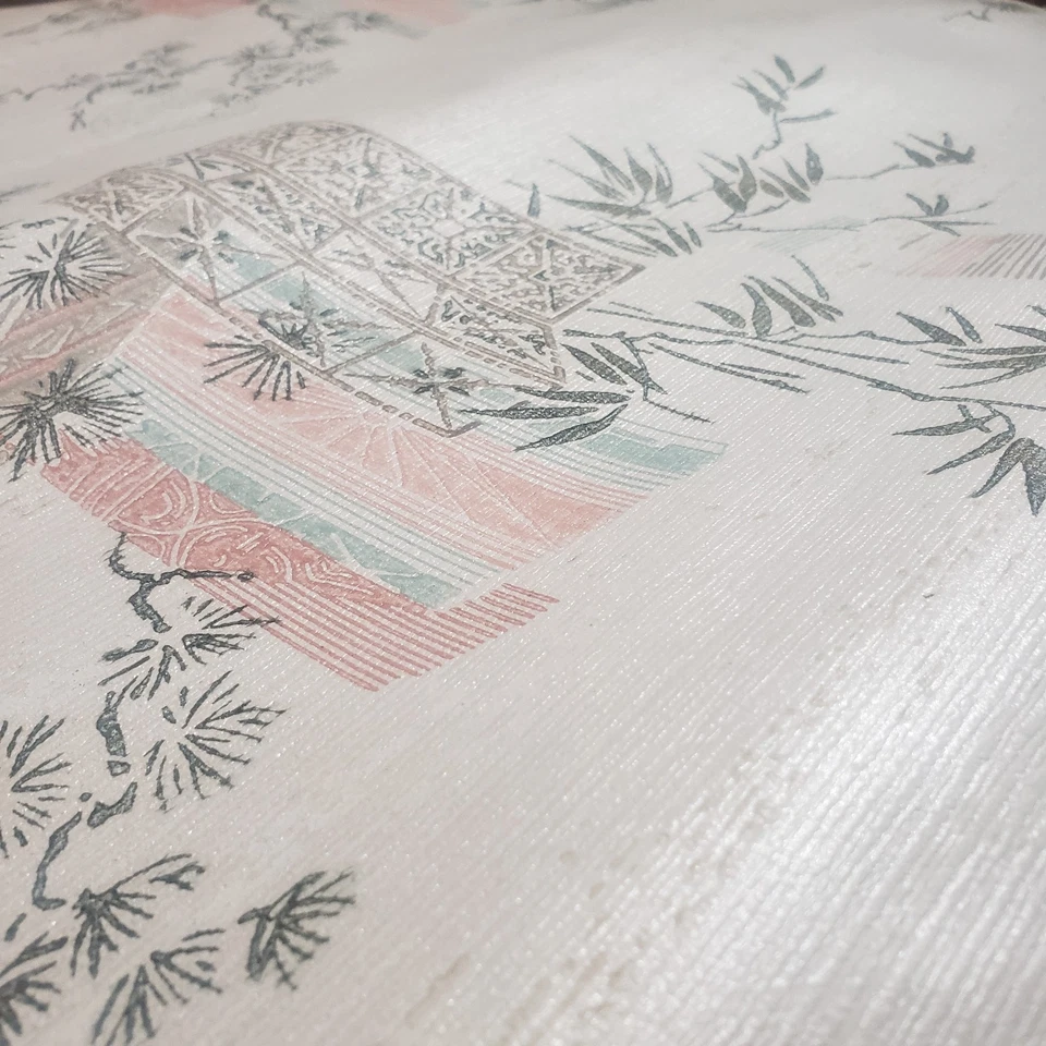 Papel pintado japonés vintage de mediados de siglo sin pegar en relieve rosa azul bambú 21" W Foto 3 de 4