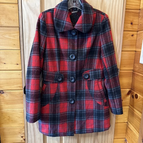 Joujou Woman’s Red Black Plaid Belted Pea Coat Jacket Winter Wool Blend Medium
