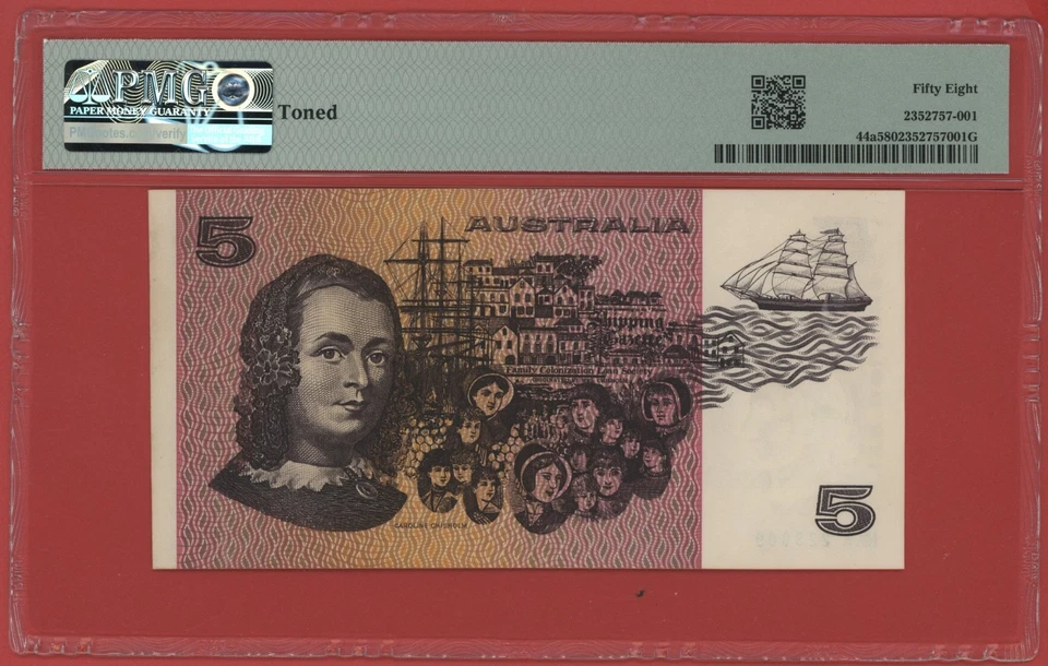 AUSTRALIA  5 DOLLARS ( 1974 )  PICK # 44a  PMG 58 CHOICE ABOUT UNC. - Image 2 of 2