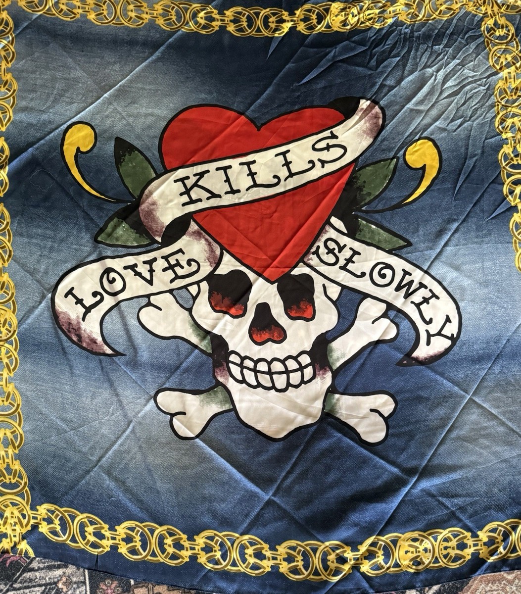 Ed Hardy Scarf Love Kills Slowly Silk Gold/Blue Large 4 ways to