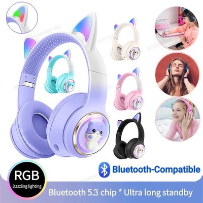 Cute Cat Ear Wireless Bluetooth5.3 Headphone Gaming Headset Earphone RGB Light