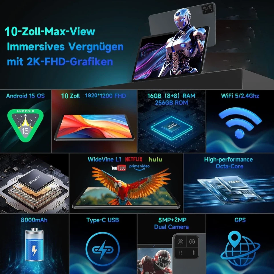 2025 New Gaming Tablet Android 15 16GBRAM 256GB 8-Core 1920*1200 Tablet Pad PC - Bild 2 von 4