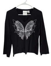 Michael Simon Beaded Embroidered Butterfly Blouse Womens Large Black Witch Fairy