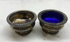 Two Sterling Silver Salt Cellars 131 Grams - Blue Glass