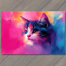 Art Print Rainbow Kitten Blue Gold Eyes Pink Orange Neon Glow Whiskers Bright Po