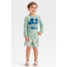 Disney Mickey Mouse Rash Guard Swim Set Boys 18M Green Palm Tree 2PC UPF 50 NWT