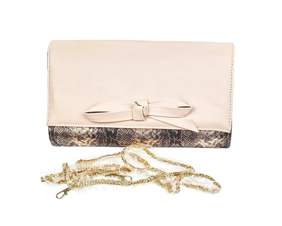 MISS KG Carvela Clutch Tasche Nude Schlangenmuster Neu Ohne Etikett Schleifendetail Goldkette Designer
