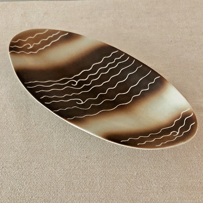 Vintage MCM Oval Ceramic Dish Brown Cream Atomic Drip Serving Dish Decor