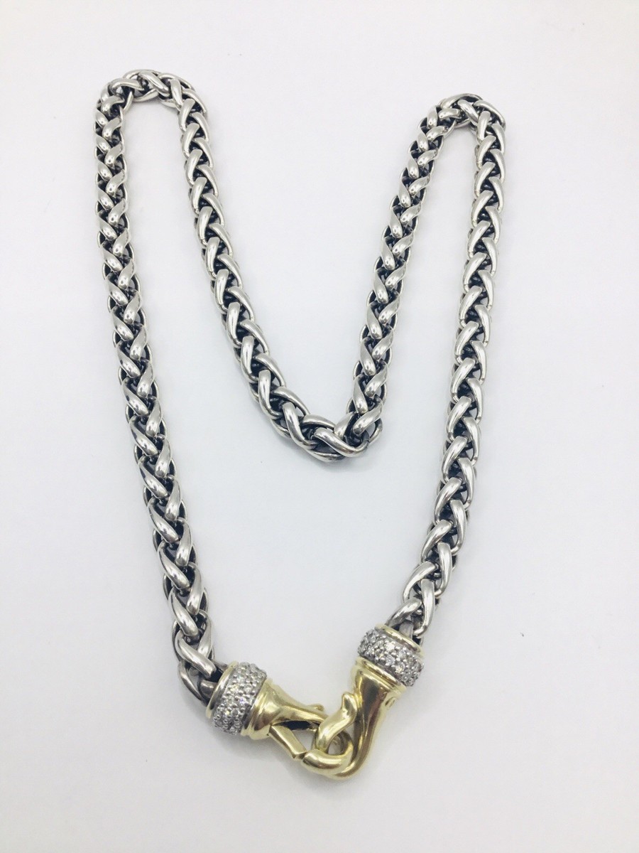 David Yurman Sterling Silver 925 18K 750 Diamond Wheat Necklace