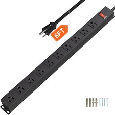 Black 10 Outlet Power Strip 6FT Long Extension Cord Heavy Duty Metal Wall Mount