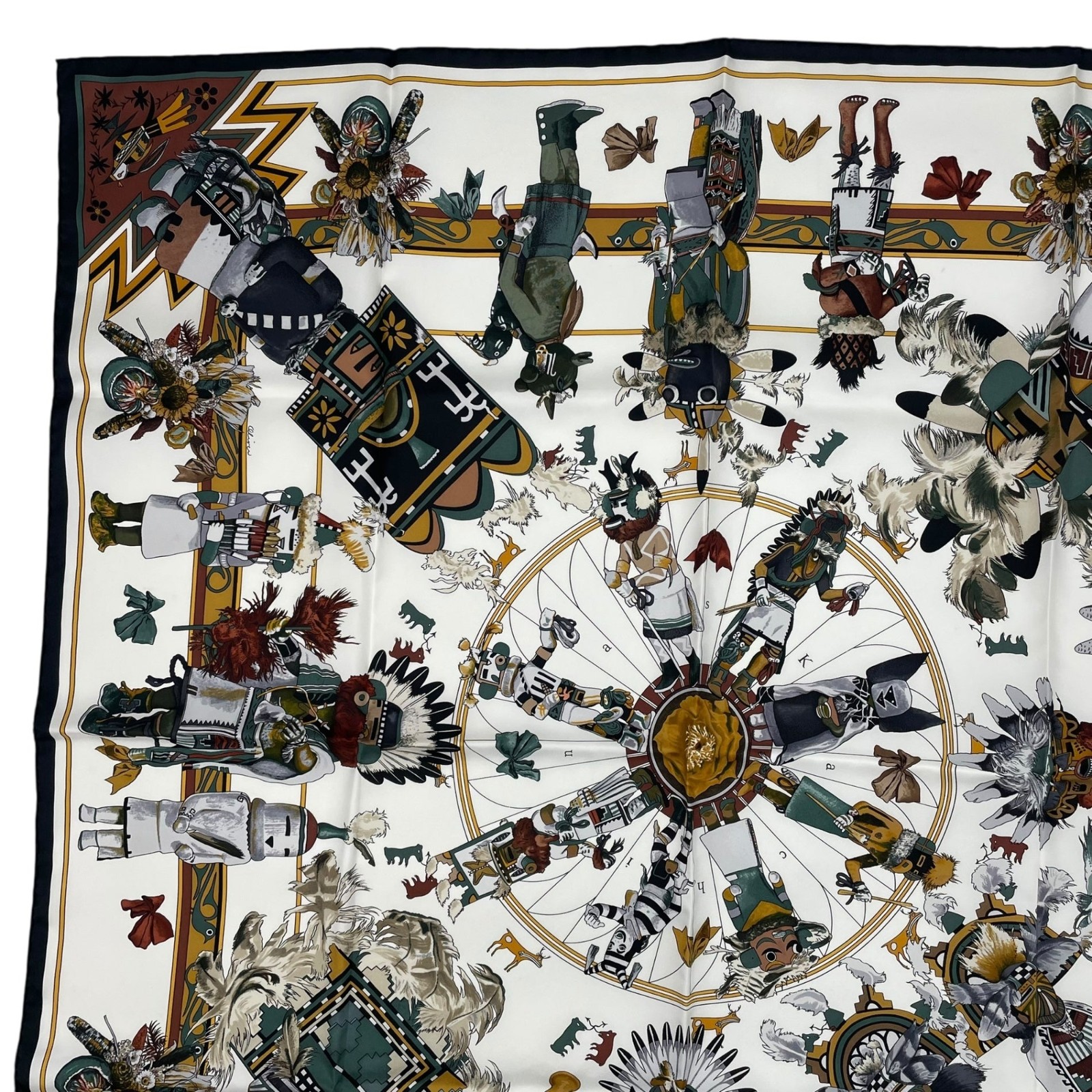 Excellent HERMES Carré 90 Silk Scarf “Kachinas”White – With Box image 3