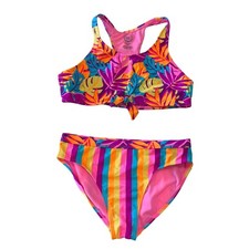Wonder Nation Girls Tropical Leaf Striped Two Piece Swimsuit Multicolor XXL 18