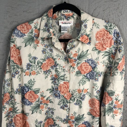 Talbots Top Womens 8 Floral 100% Linen Cottage Core Grandma Feminine Roses - Picture 2 of 16