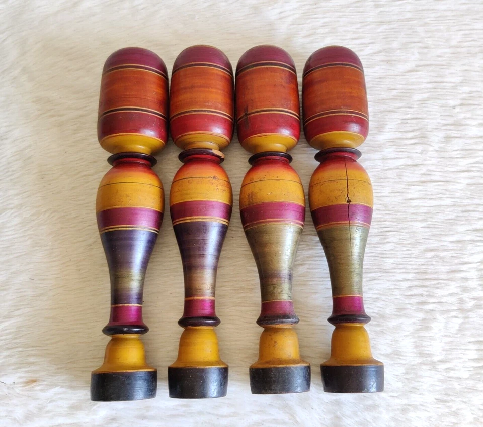 Ancien Laqué Multicolore Tabouret en Bois Pieds Décor Maison de Collection 4Pc - Photo 3/4