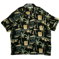 ISLAND SHORES Hawaiian Shirt Mens L Large Tiki Camp Black Blue Multi S/S FLAW