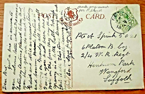 WW1 CASUALTY POSTCARD PTE A SPINK 2/4TH BTN WEST RIDING REGT KIA FRANCE 1918