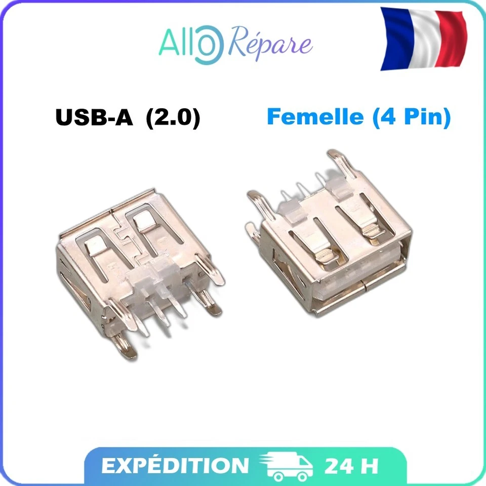 Connecteur à souder USB type A femelle 4 pins Female USB 2.0 connector to solder - Photo 1/1