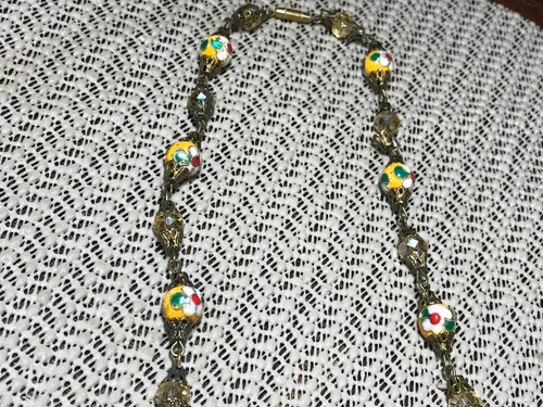 Vtg Necklace Inlaid Raised Flowers Yellow Green Red White Beads & Crystals 23" - Picture 7 of 9