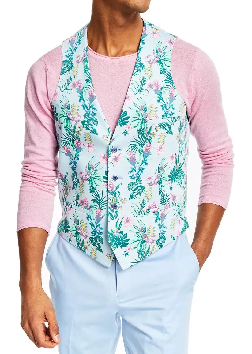 115 New Mens Bar III Slim Fit Floral Print Blue Pink Suit Vest M