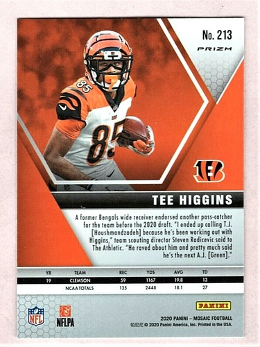 Tee Higgins Cincinnati Bengals 2020 Mosaic RC Silver Prizm Rookie Card #213 - Picture 2 of 2