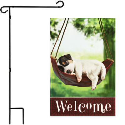 Garden Flag Stand Black 36x16IN & Garden Flag Welcome Sleeping Puppy 12x18IN