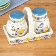 Beautiful Blue Butterfly Floral Salt and Pepper Shaker Set, Ceramic, 3 Piece Set